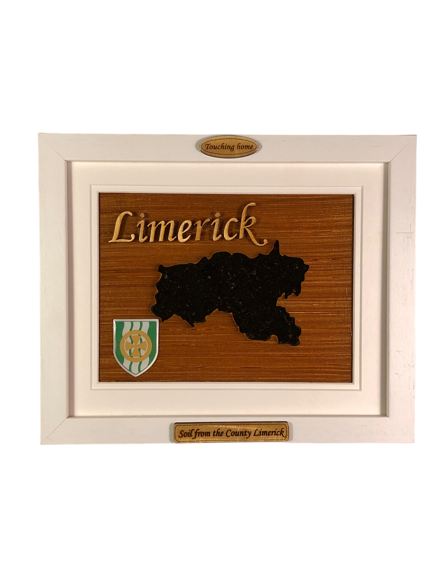 County Limerick shape wooden style plaque with authentic Limerick soil encased and displayed within