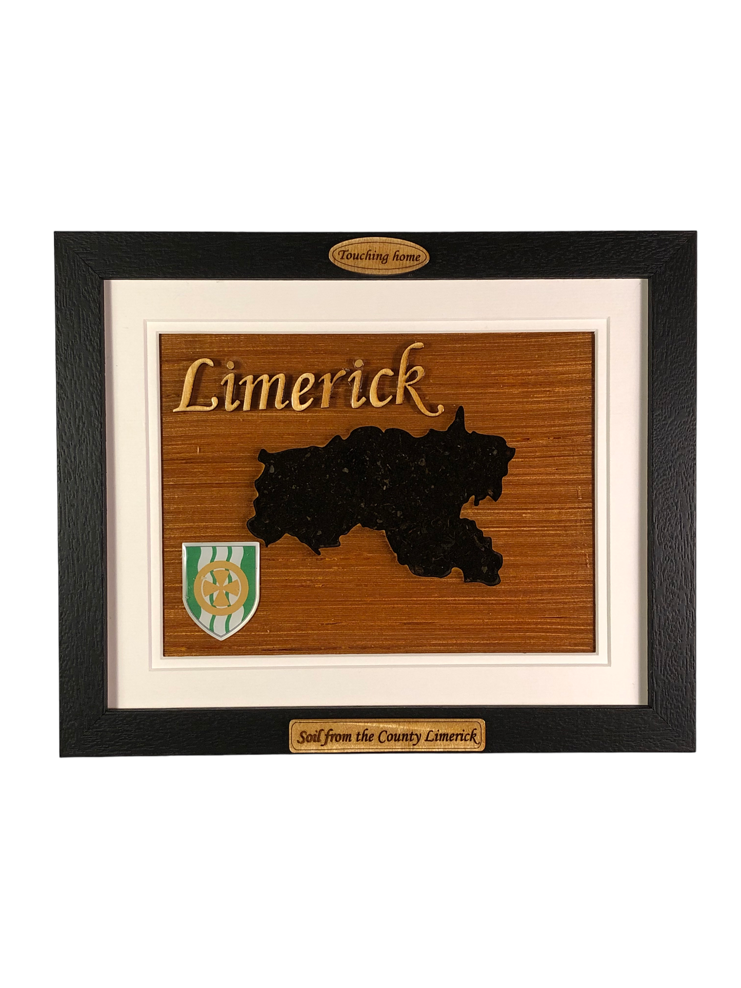 County Limerick shape wooden style plaque with authentic Limerick soil encased and displayed within