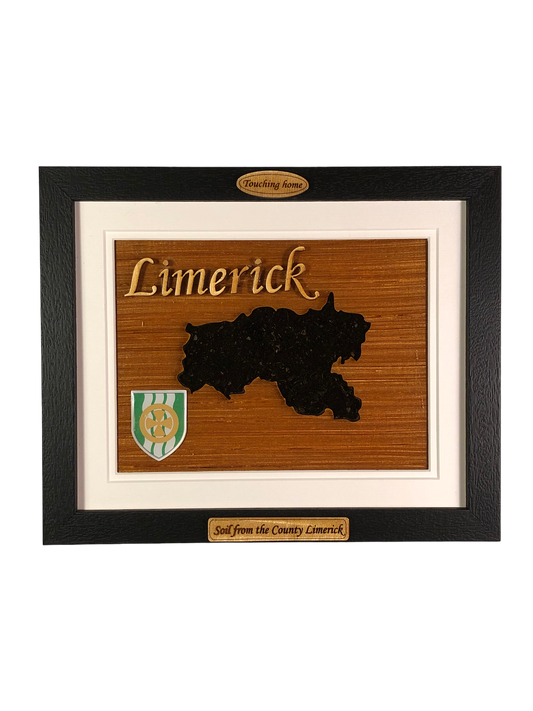 County Limerick shape wooden style plaque with authentic Limerick soil encased and displayed within