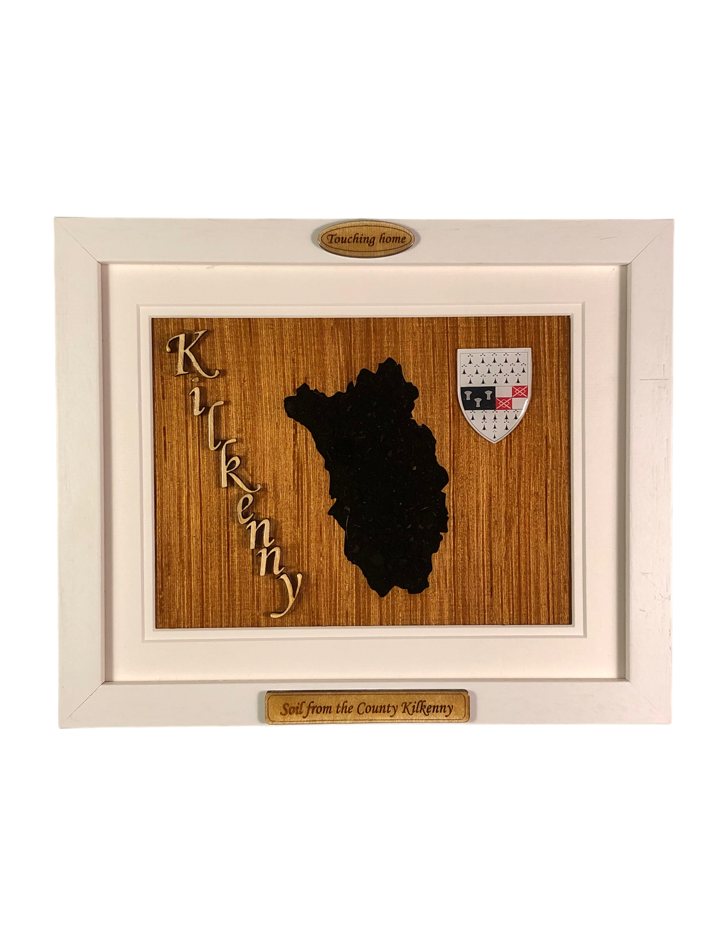 County Kilkenny shape wooden style plaque with authentic Kilkenny soil encased and displayed within