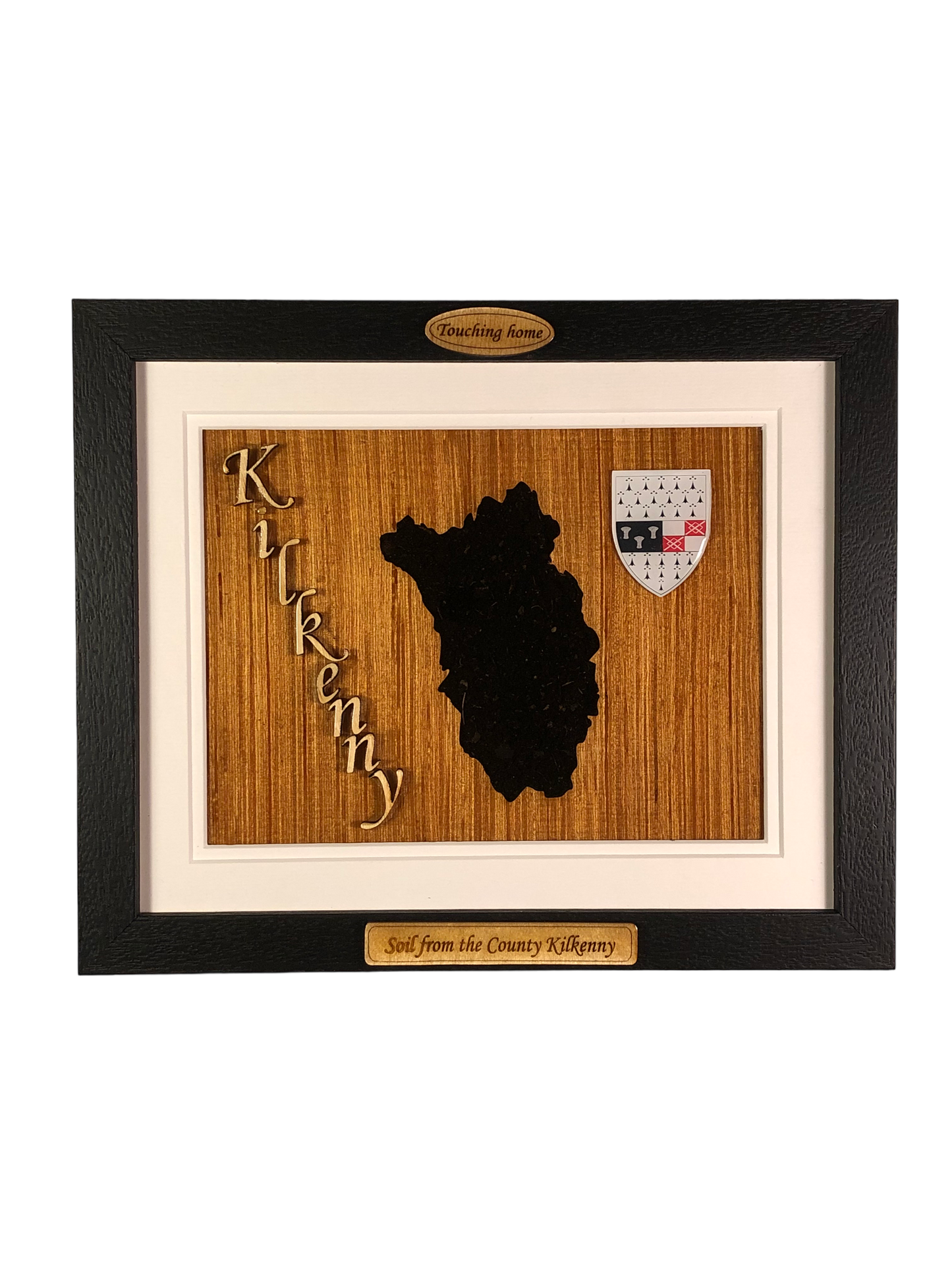 County Kilkenny shape wooden style plaque with authentic Kilkenny soil encased and displayed within