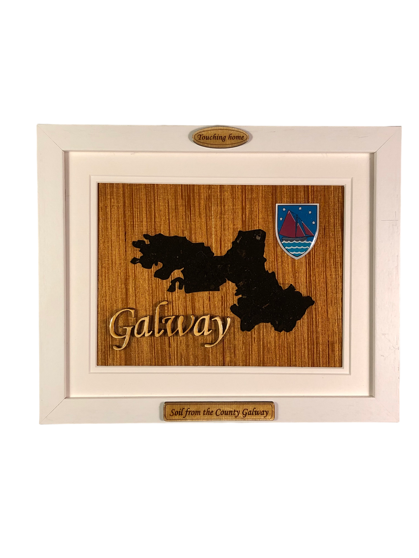 County Galway shape wooden style plaque with authentic soil of Galway encased and displayed within