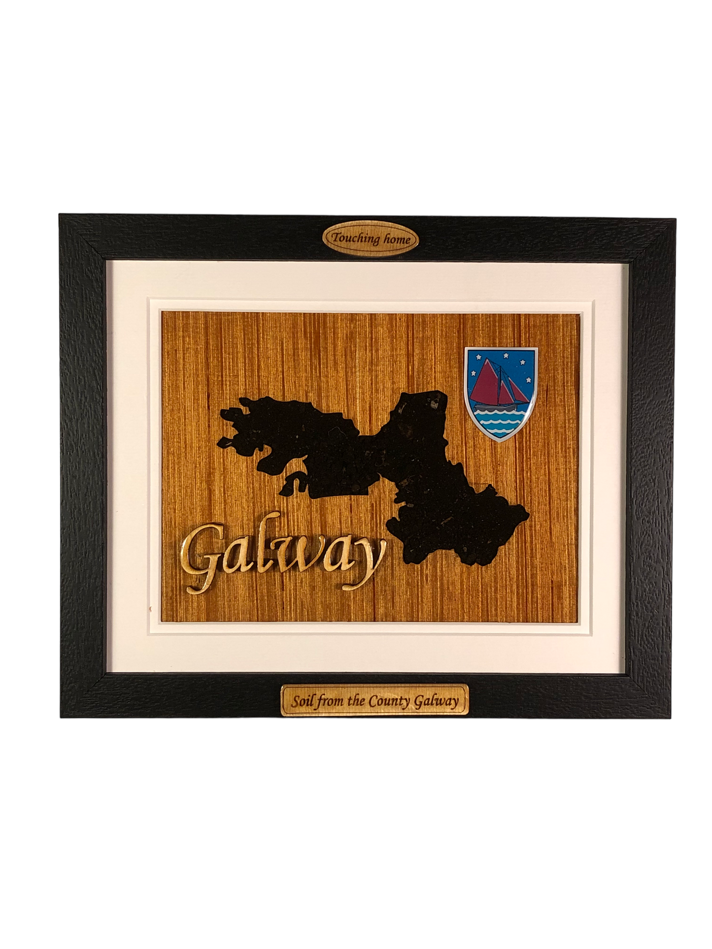 County Galway shape wooden style plaque with authentic soil of Galway encased and displayed within