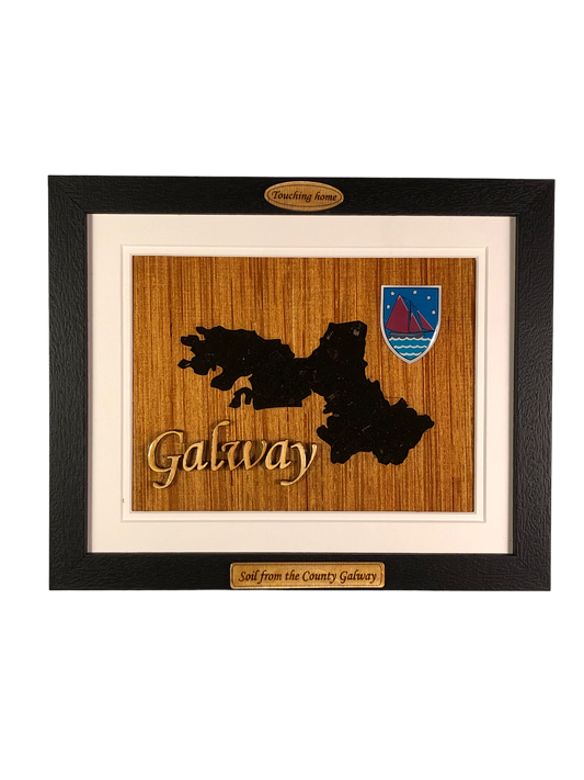 County Galway shape wooden style plaque with authentic soil of Galway encased and displayed within