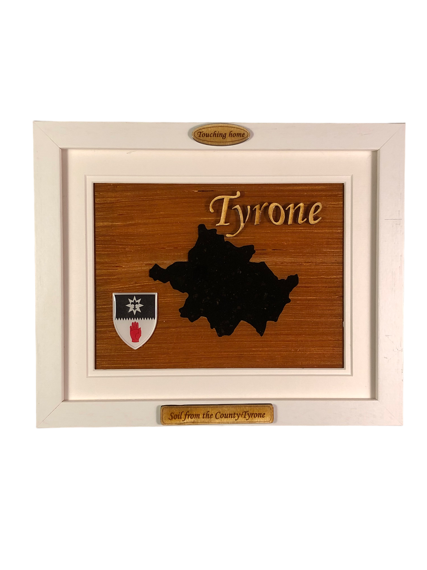 County Tyrone shape wooden style plaque with authentic Tyrone soil encased and displayed within