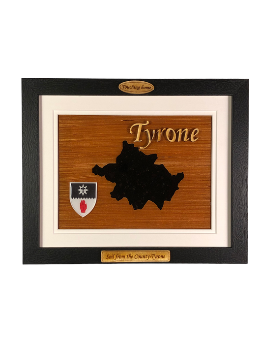 County Tyrone shape wooden style plaque with authentic Tyrone soil encased and displayed within