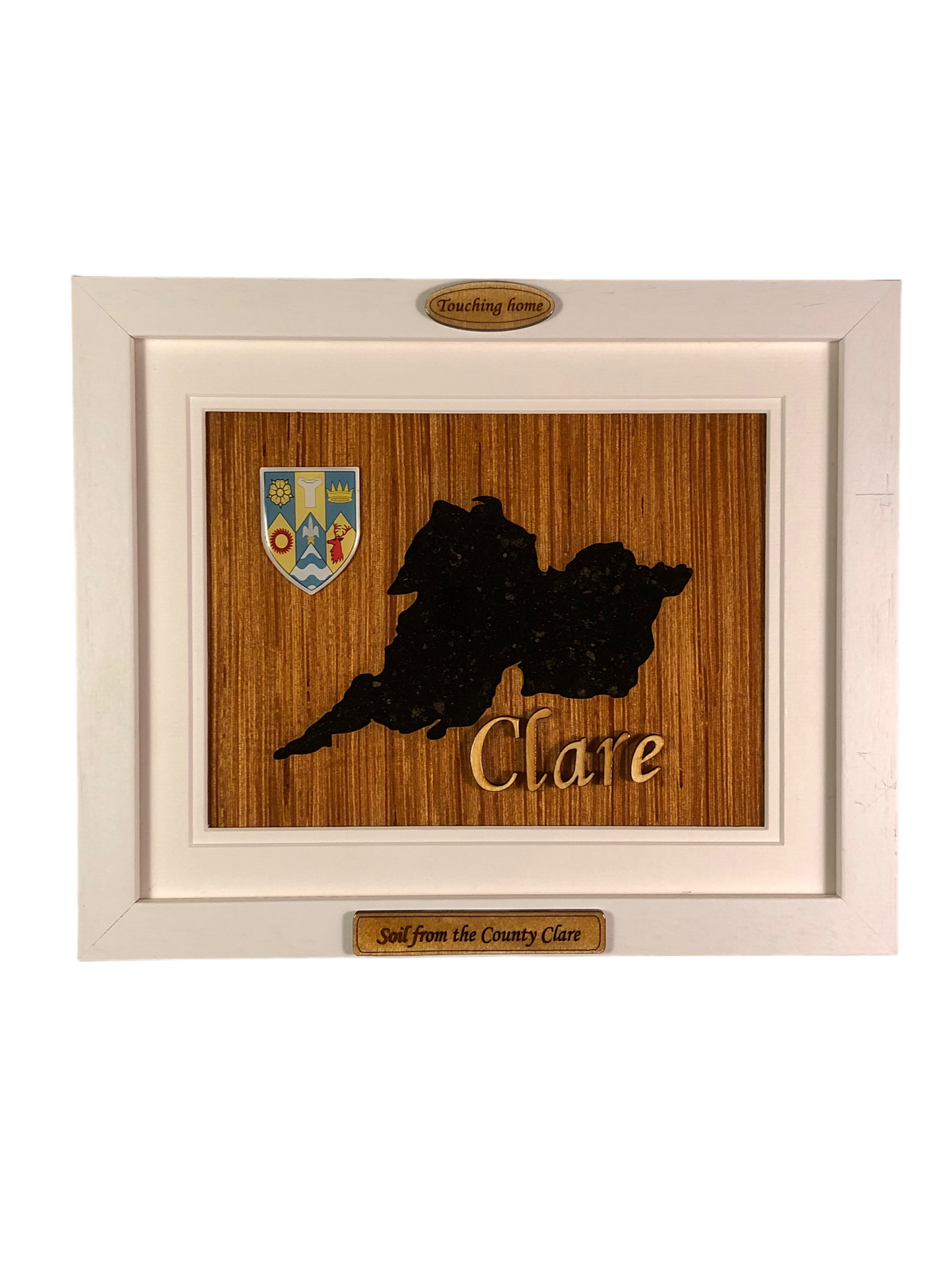 County Clare shape wooden style plaque with authentic Clare soil encased and displayed within