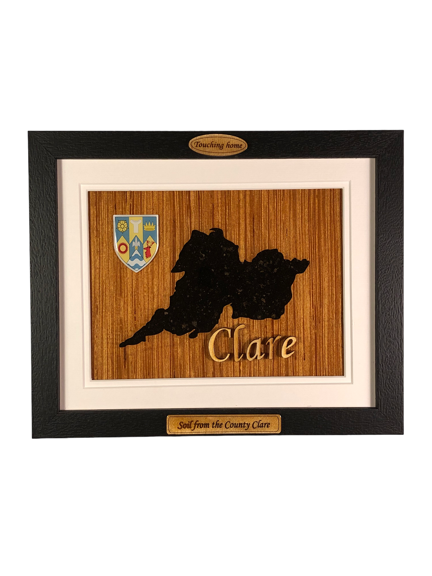 County Clare shape wooden style plaque with authentic Clare soil encased and displayed within