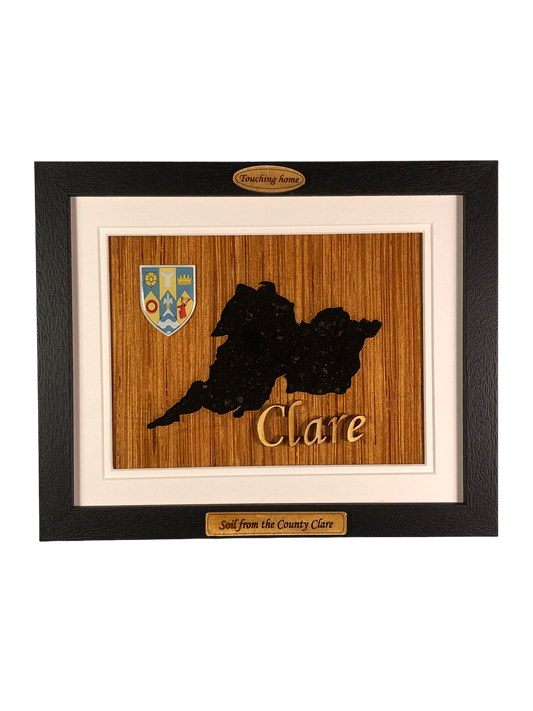 County Clare shape wooden style plaque with authentic Clare soil encased and displayed within