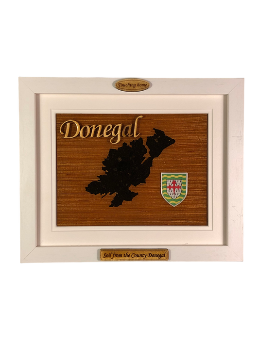 County Donegal shape wooden style plaque with authentic soil of Donegal encased and displayed within