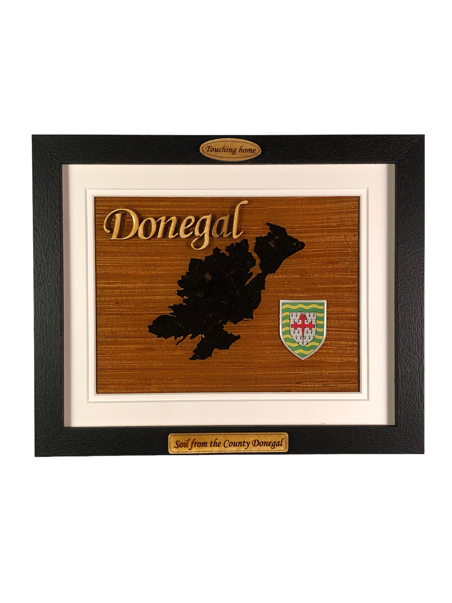 County Donegal shape wooden style plaque with authentic soil of Donegal encased and displayed within