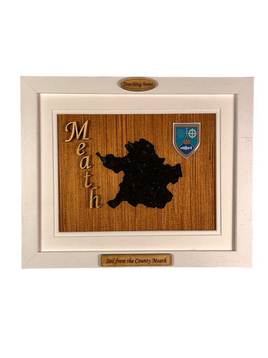 County Meath shape wooden style plaque with authentic Meath soil encased and displayed within