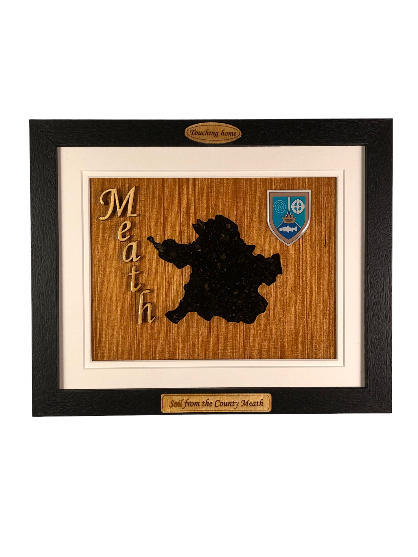 County Meath shape wooden style plaque with authentic Meath soil encased and displayed within