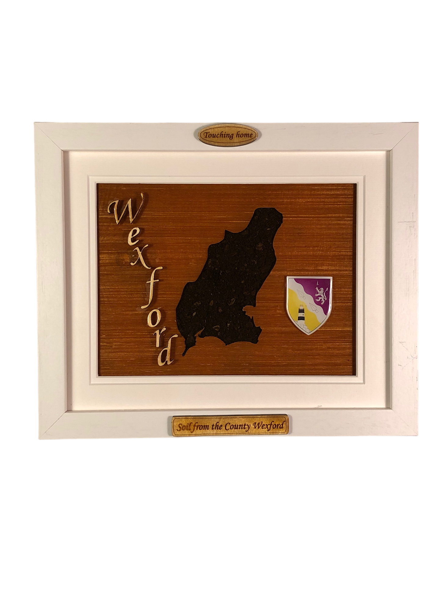 County Wexford shape wooden style plaque with authentic Wexford soil encased and displayed within