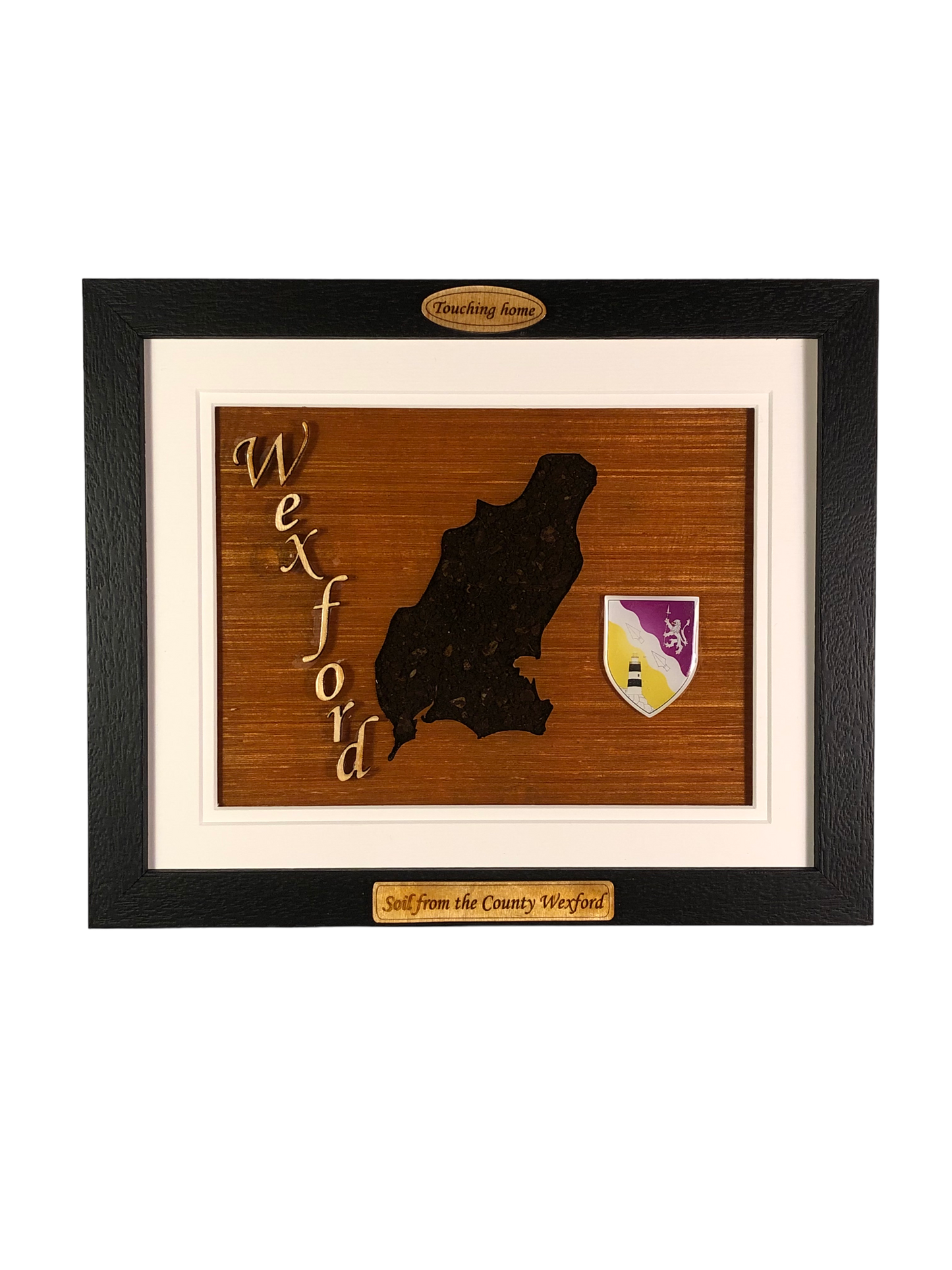 County Wexford shape wooden style plaque with authentic Wexford soil encased and displayed within