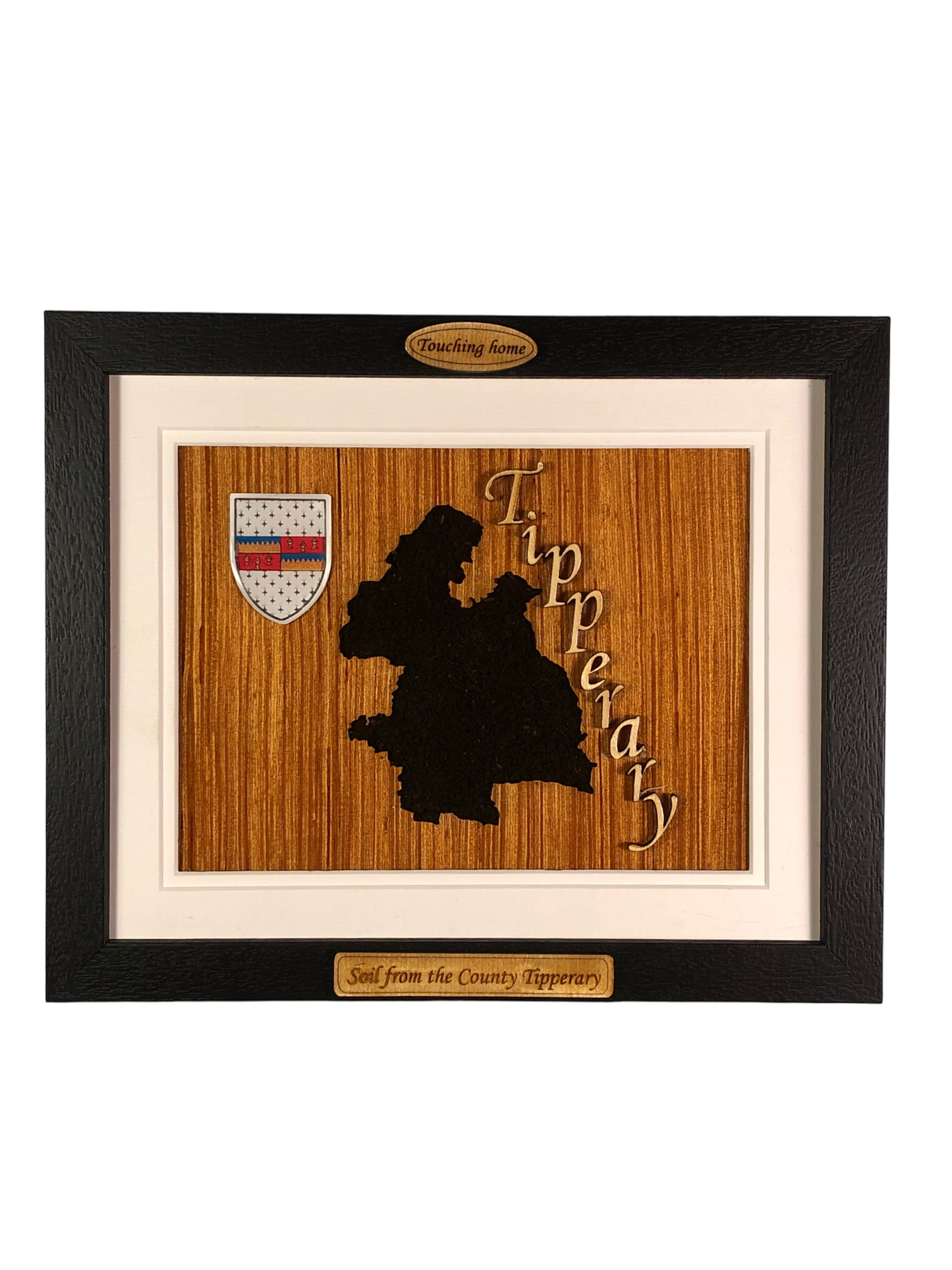 County Tipperary shape wooden style plaque with authentic Tipperary soil encased and displayed within