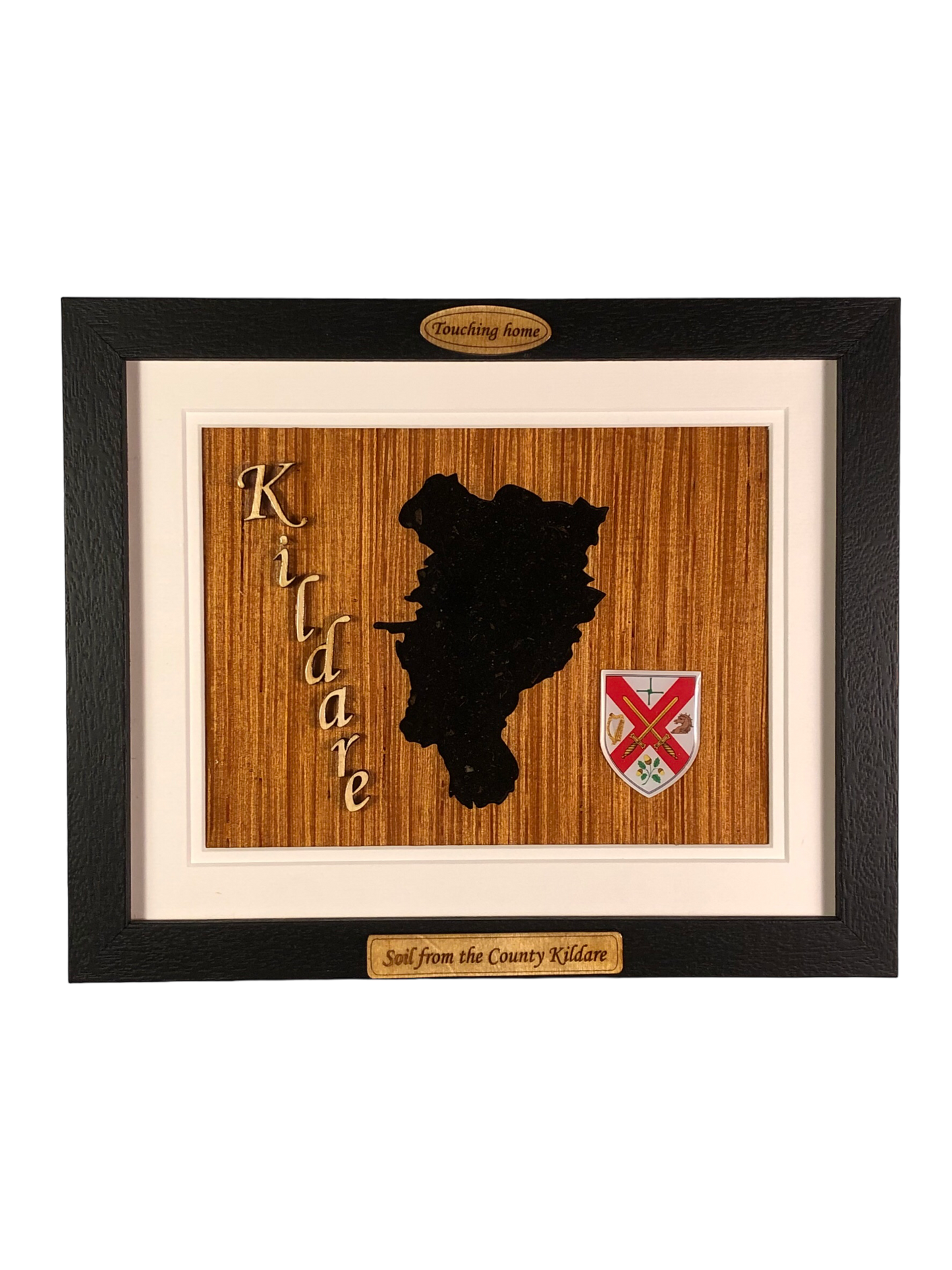 County Kildare shape wooden style plaque with authentic Kildare soil encased and displayed within