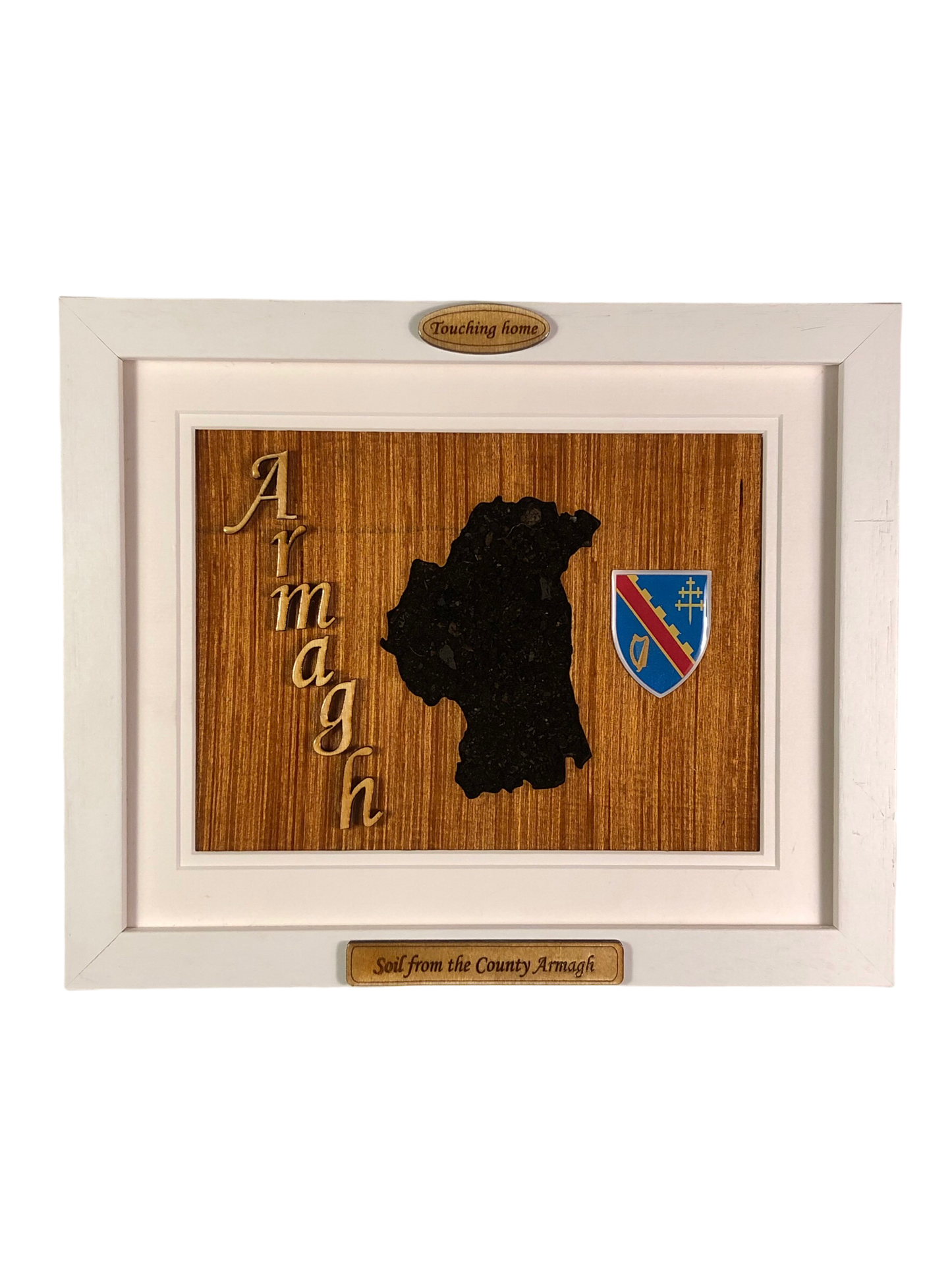 County Armagh shape wooden style plaque with authentic Armagh soil encased and displayed within