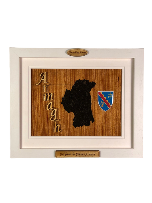 County Armagh shape wooden style plaque with authentic Armagh soil encased and displayed within