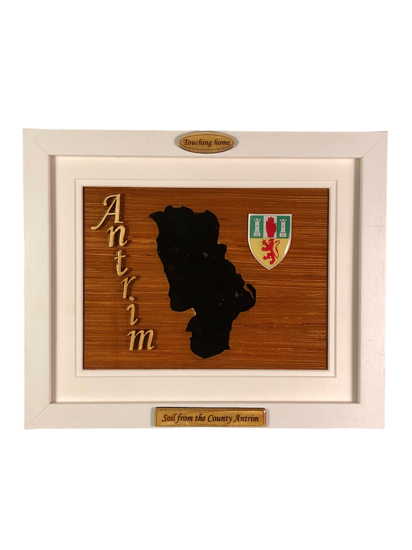 County Antrim shape wooden style plaque with authentic Antrim soil encased and displayed within