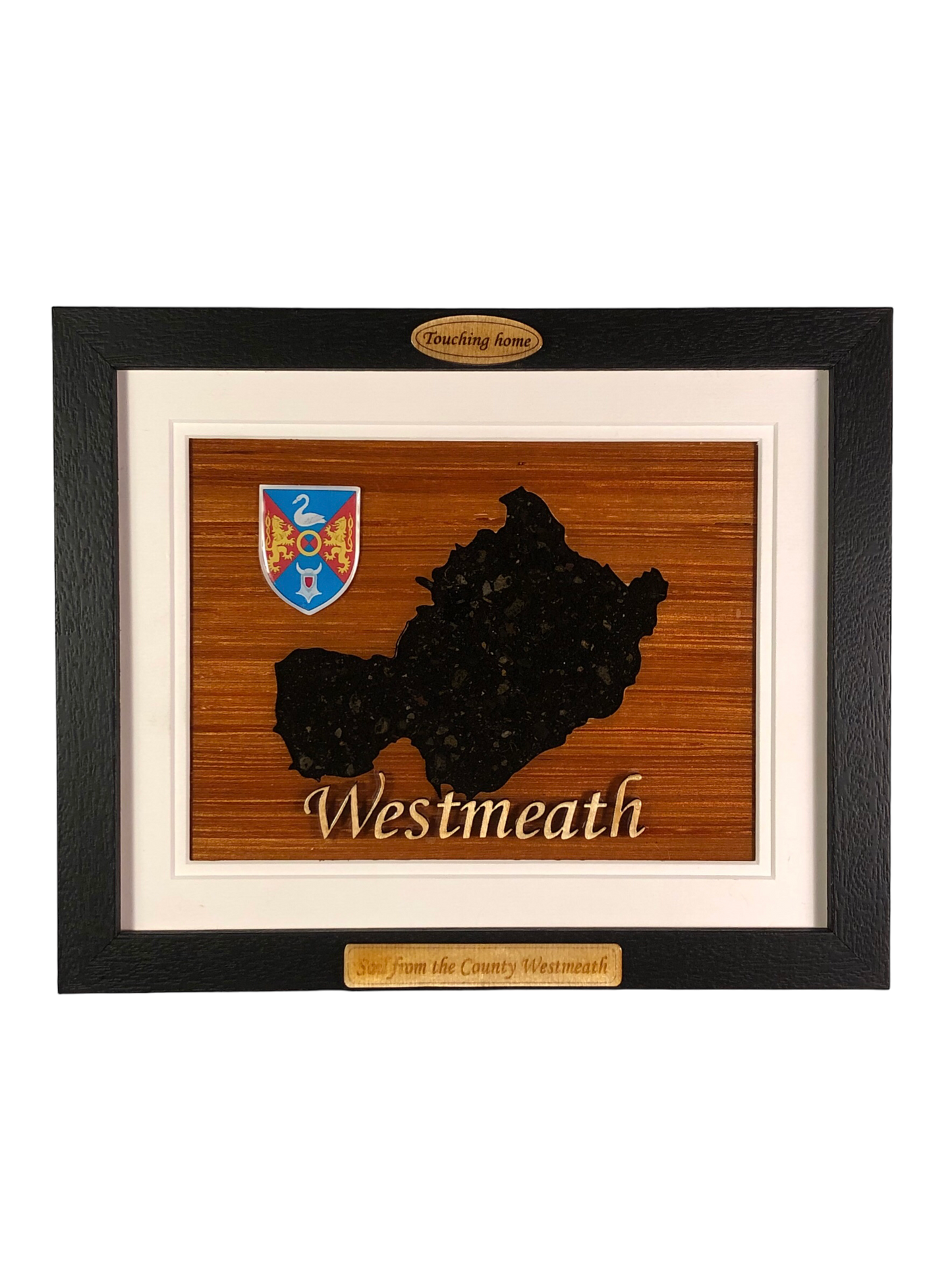 County Westmeath shape wooden style plaque with authentic Westmeath soil encased and displayed within