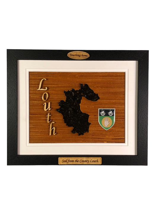 County Louth shape wooden style plaque with authentic Louth soil encased and displayed within