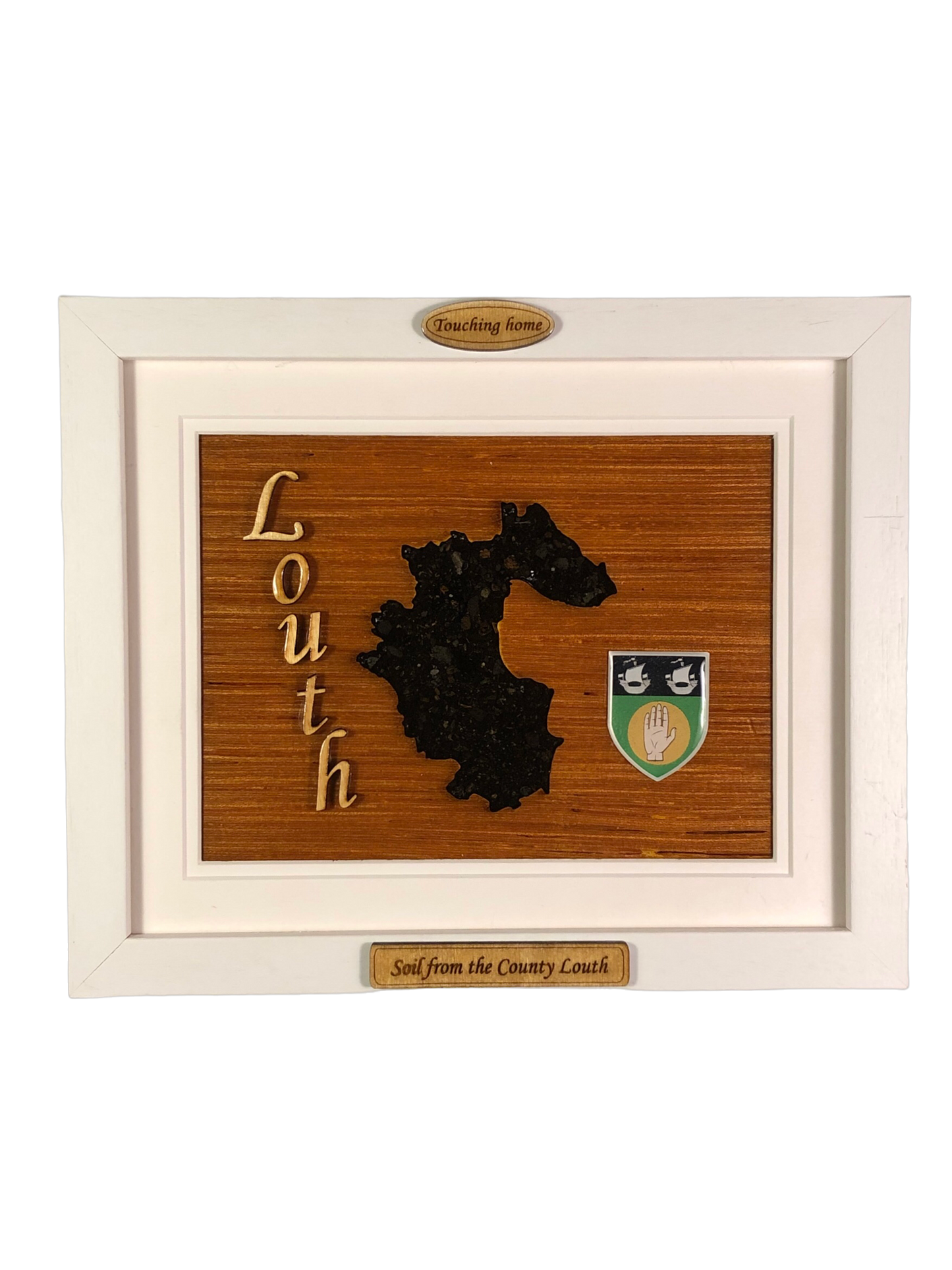 County Louth shape wooden style plaque with authentic Louth soil encased and displayed within