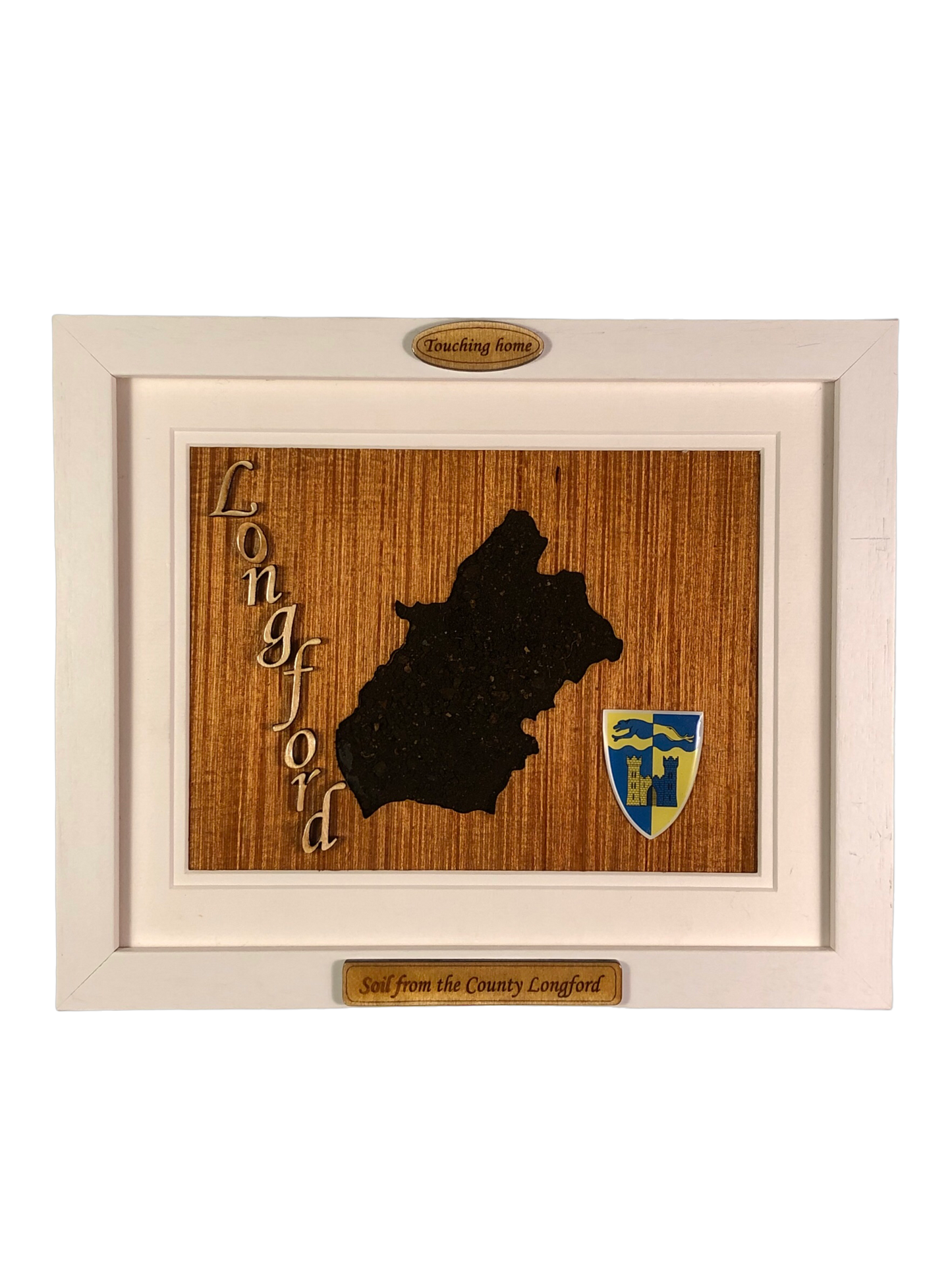 County Longford shape wooden style plaque with authentic Longford soil encased and displayed within