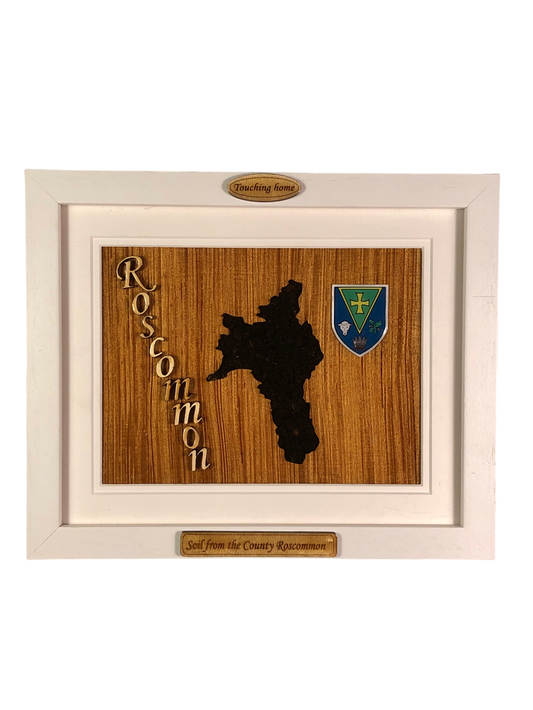 County Roscommon wooden style plaque with the authentic soil of Roscommon encased and displayed within