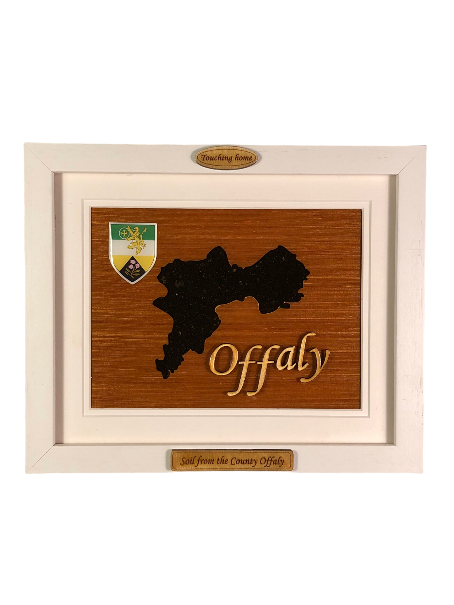 County Offaly wooden style plaque with authentic Offaly soil encased and displayed within