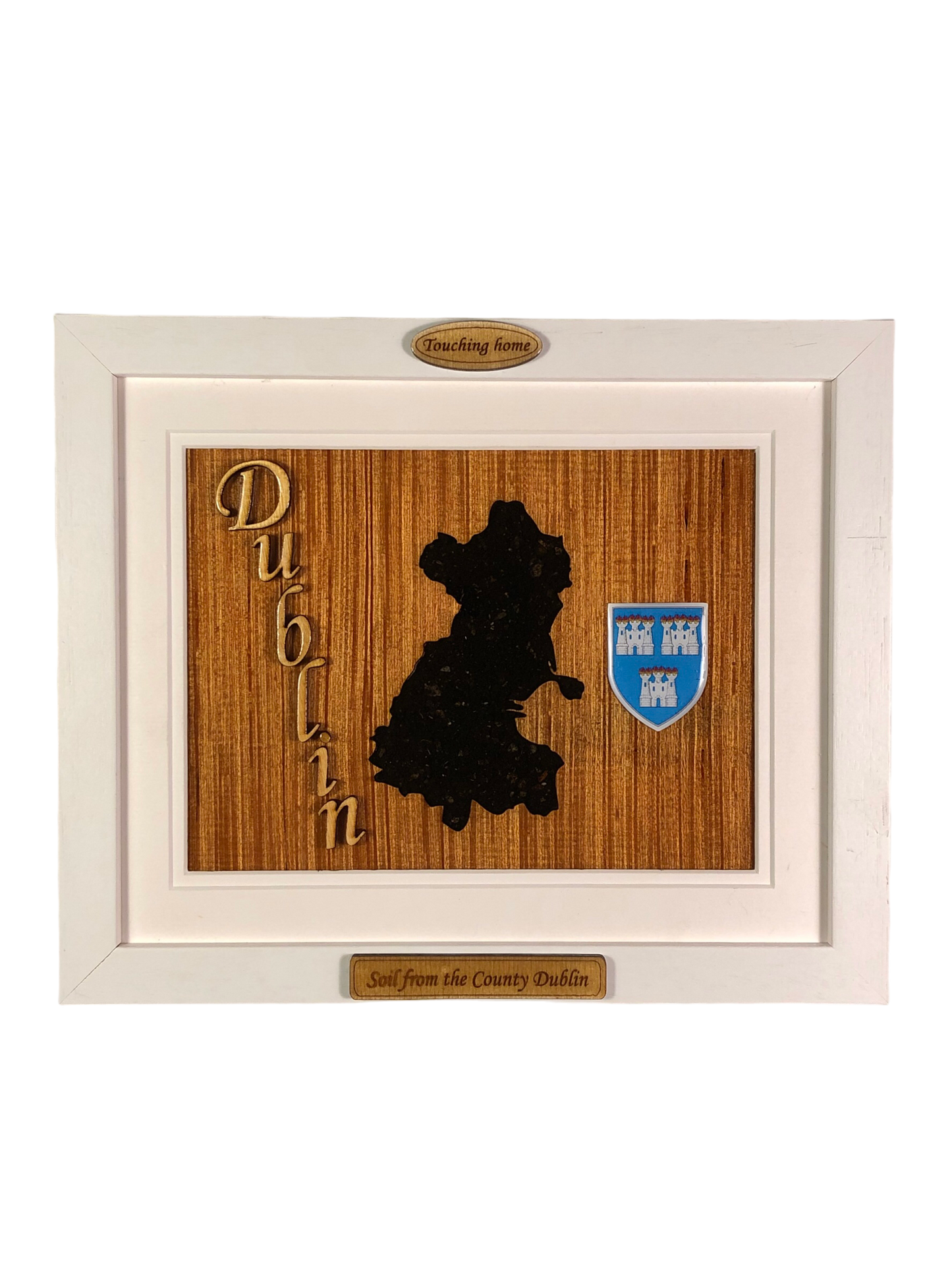 County Dublin wooden style plaque with the authentic soil of Dublin encased and displayed within