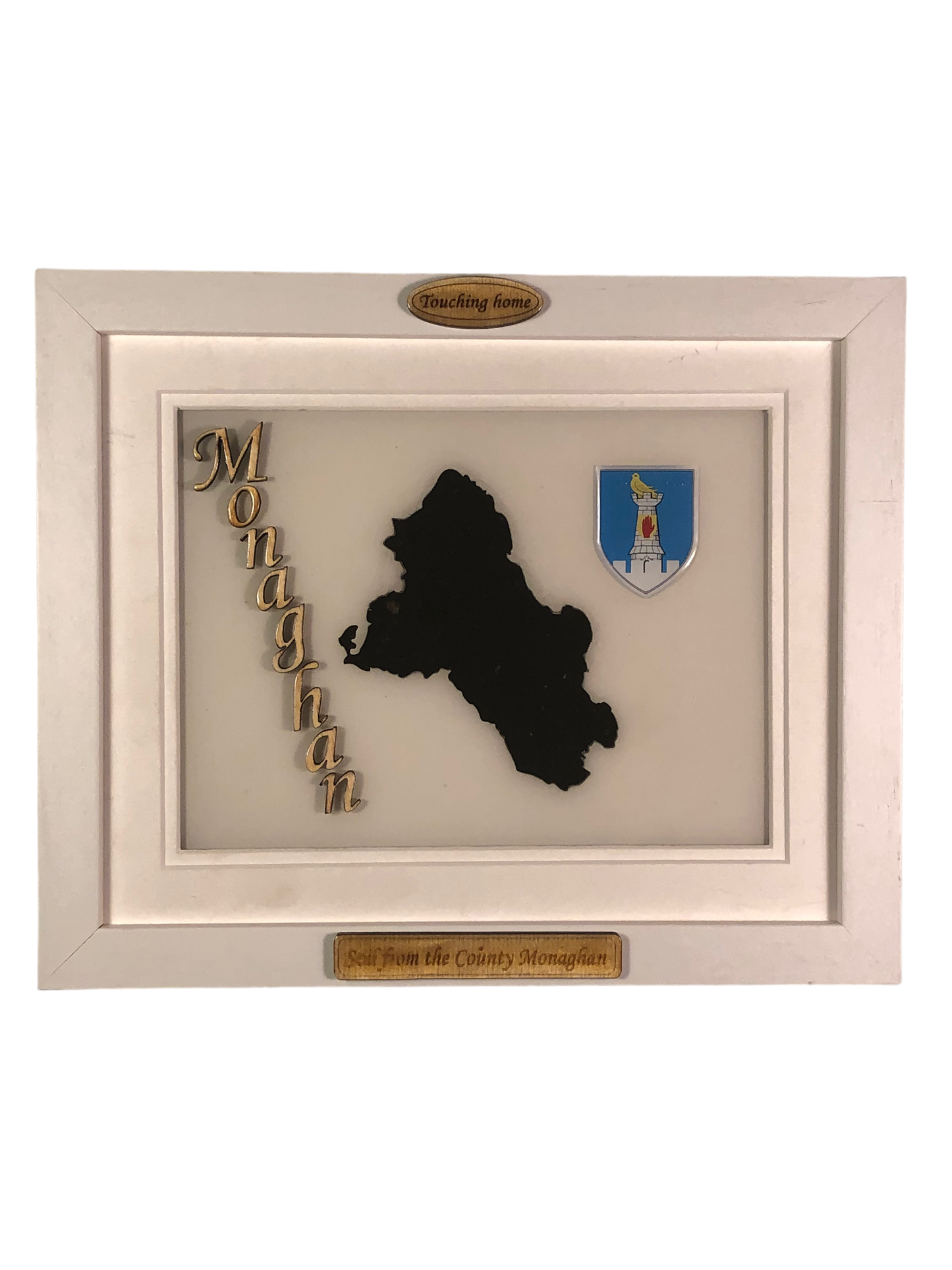 County Monaghan white wood style plaque with authentic Monaghan soil encased and displayed within