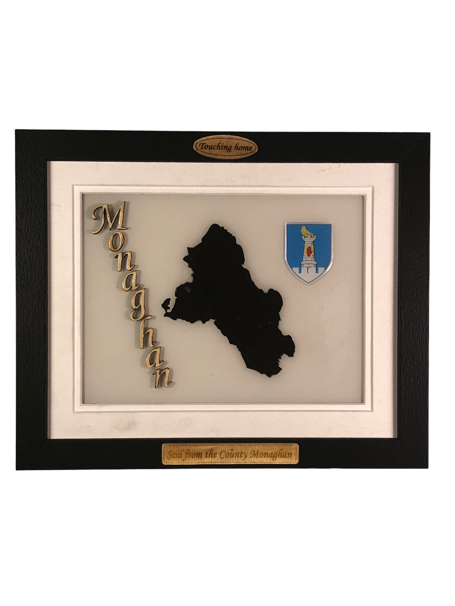 County Monaghan white wood style plaque with authentic Monaghan soil encased and displayed within