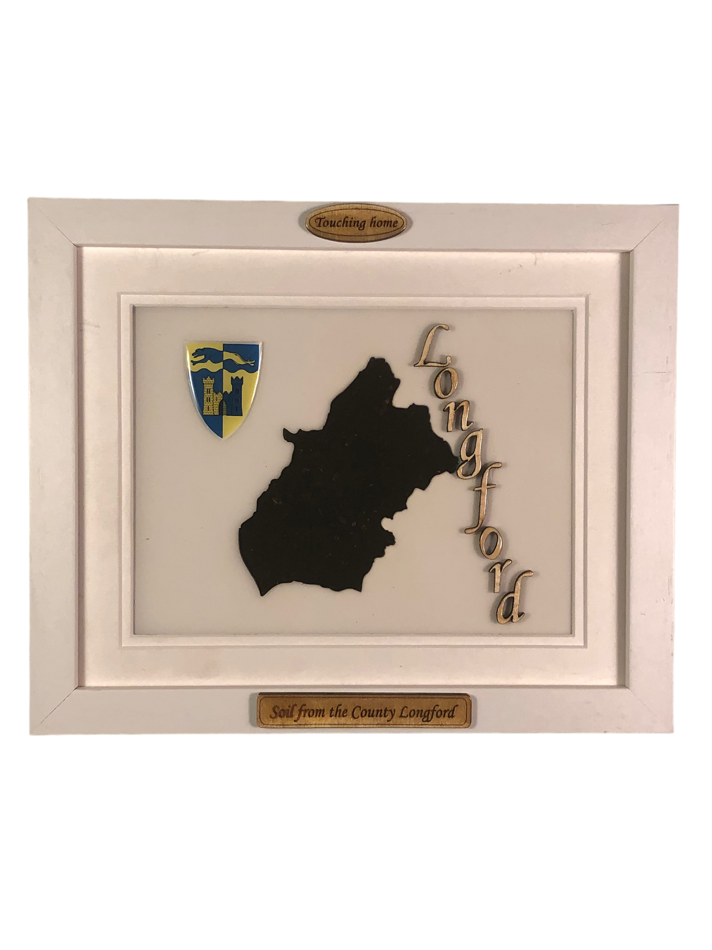 County Longford whit wood plaque with authentic Longford soil encased and displayed within