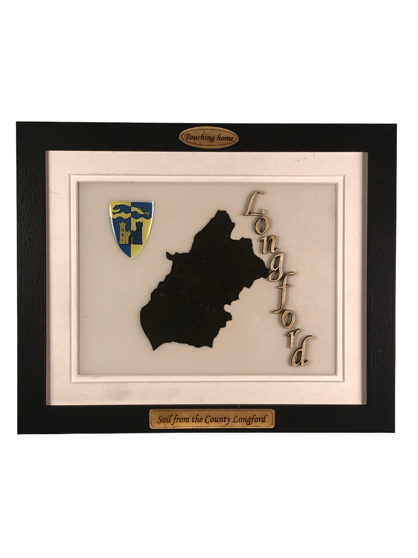 County Longford whit wood plaque with authentic Longford soil encased and displayed within