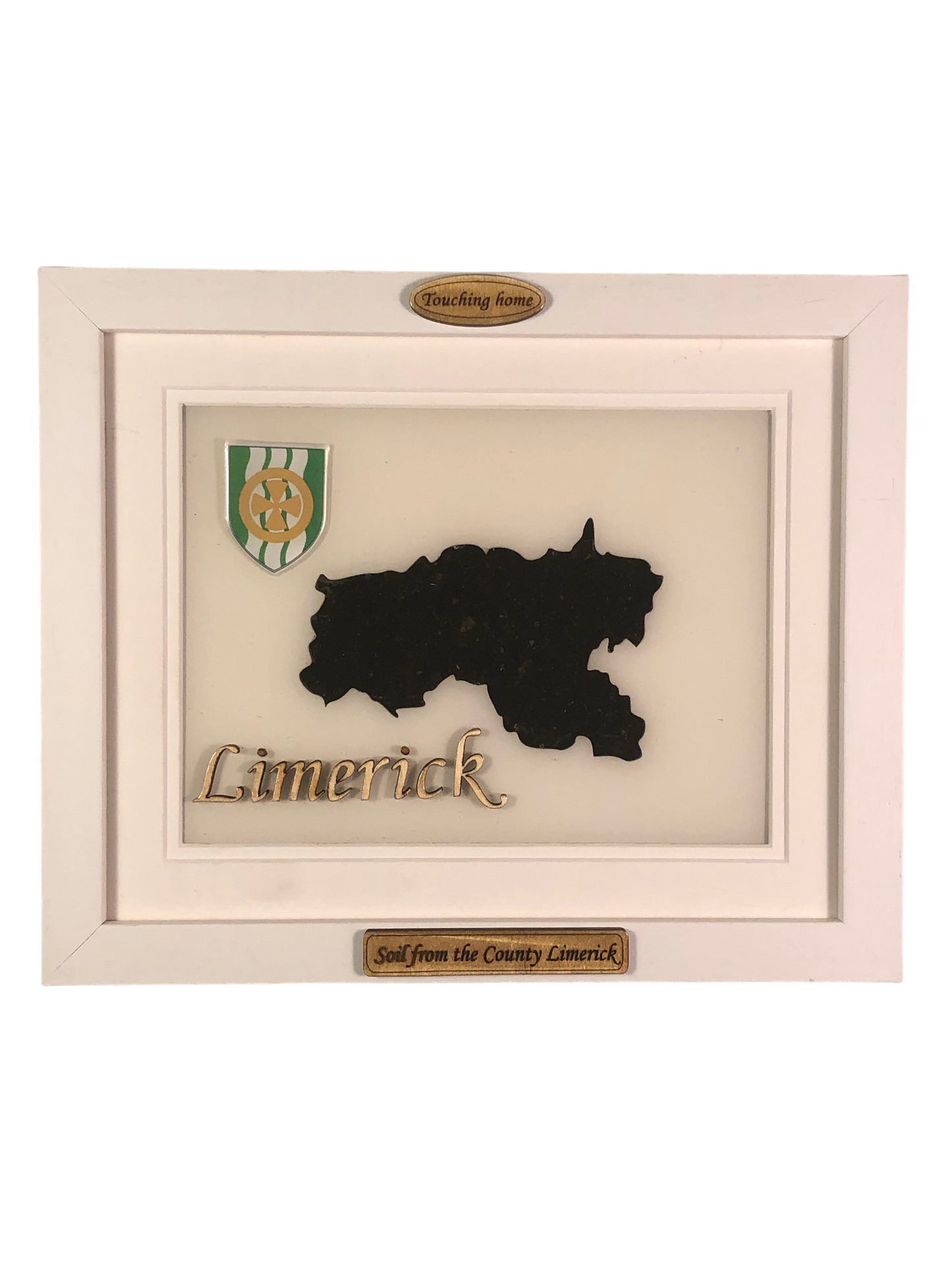 County Limerick white wood style plaque with authentic Limerick soil encased and displayed within