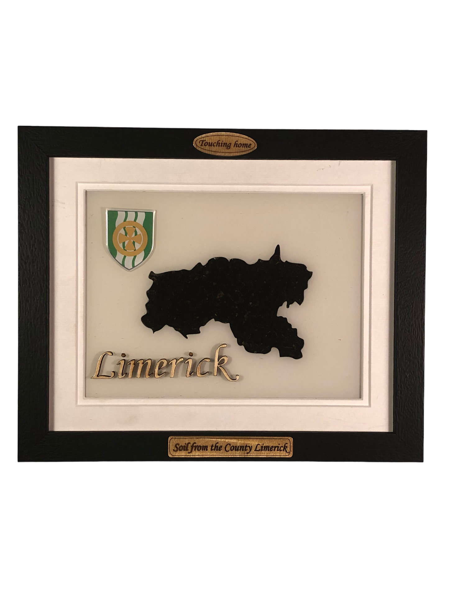 County Limerick white wood style plaque with authentic Limerick soil encased and displayed within