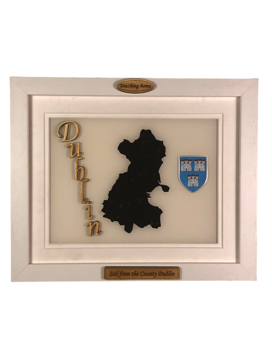 County Dublin white wood style plaque with authentic Dublin soil encased and displayed within