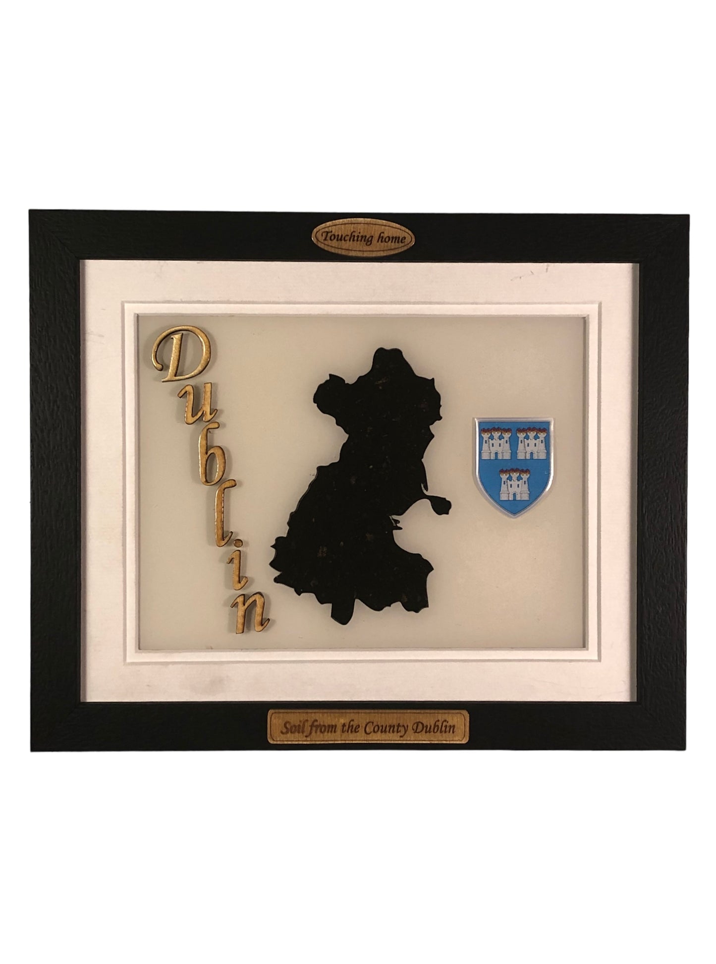 County Dublin white wood style plaque with authentic Dublin soil encased and displayed within