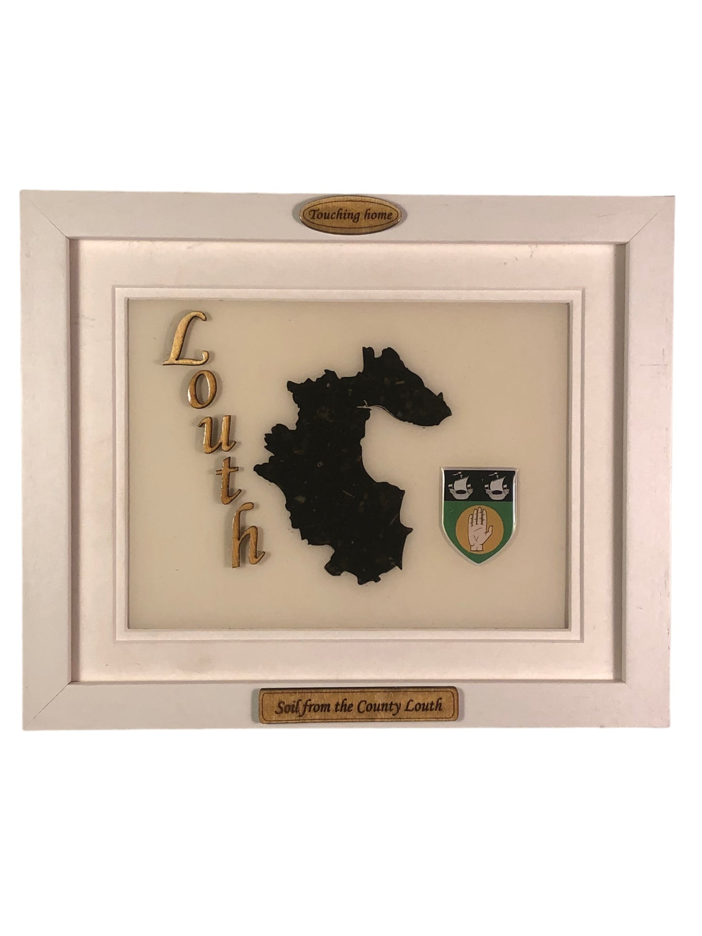 County Louth white wood style plaque with authentic Louth soil encased and displayed within