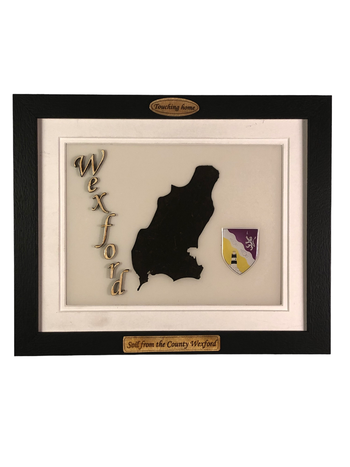 County Wexford white wood style plaque with authentic Wexford soil encased and displayed within