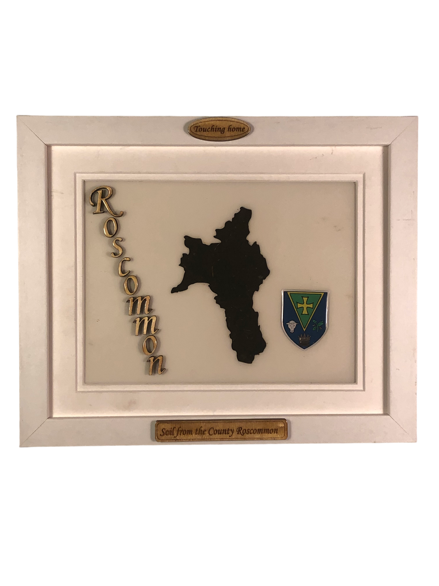 County Roscommon white wood style plaque with authentic Roscommon soil encased and displayed within