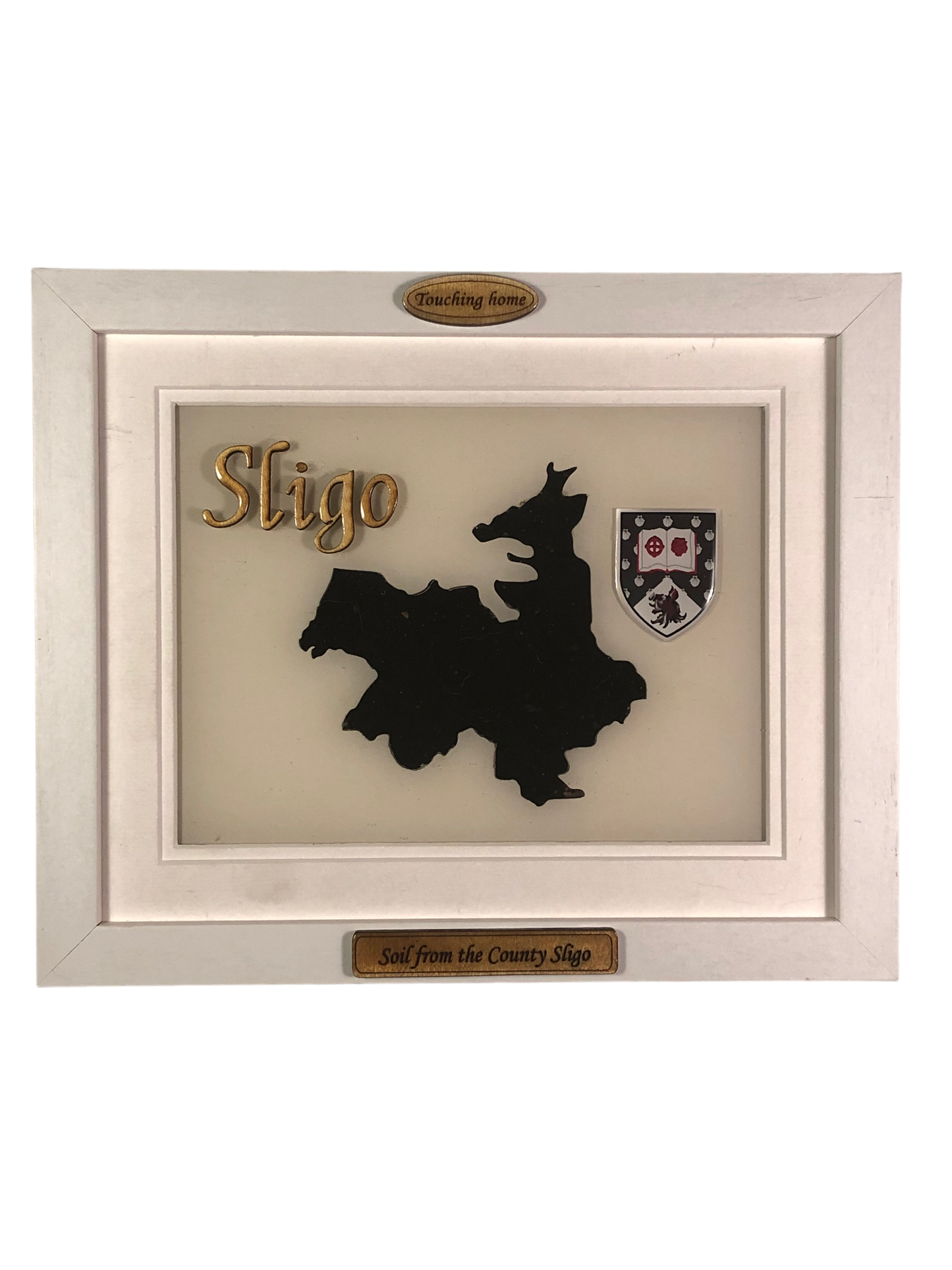 County Sligo white wood plaque with authentic Sligo soil encased and displayed within