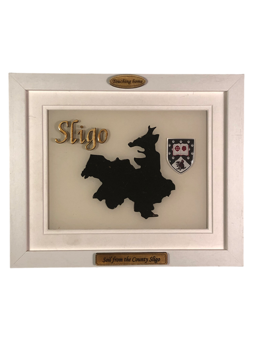 County Sligo white wood plaque with authentic Sligo soil encased and displayed within