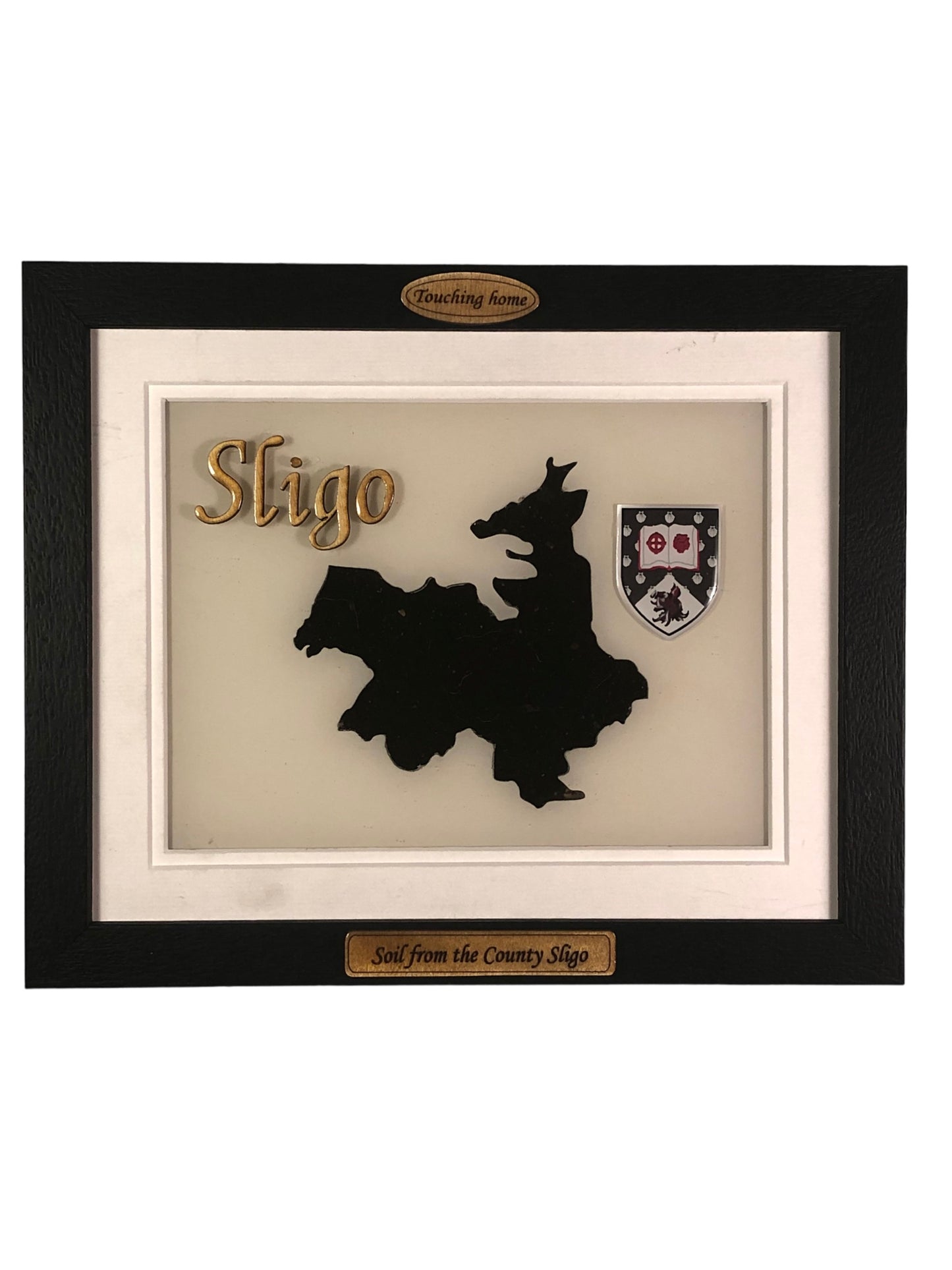 County Sligo white wood plaque with authentic Sligo soil encased and displayed within