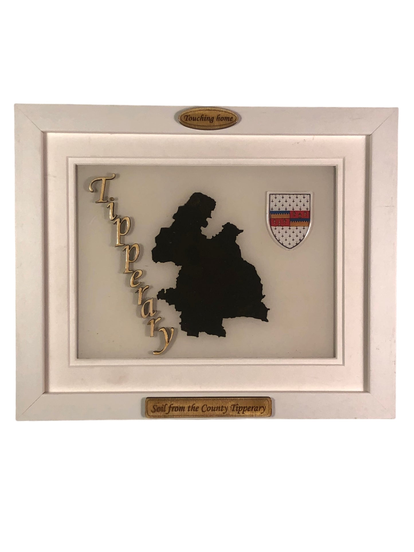 County Tipperary white wood style plaque with authentic Tipperary soil encased and displaywd within