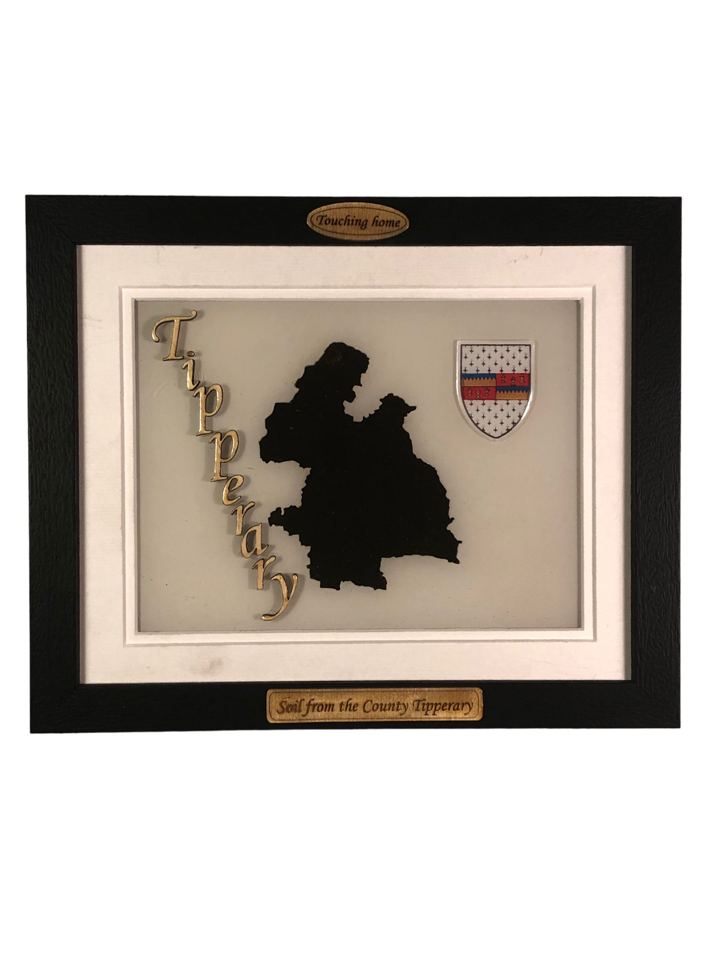 County Tipperary white wood style plaque with authentic Tipperary soil encased and displaywd within