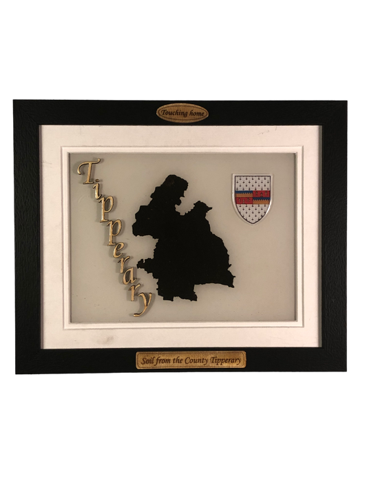 County Tipperary white wood style plaque with authentic Tipperary soil encased and displaywd within