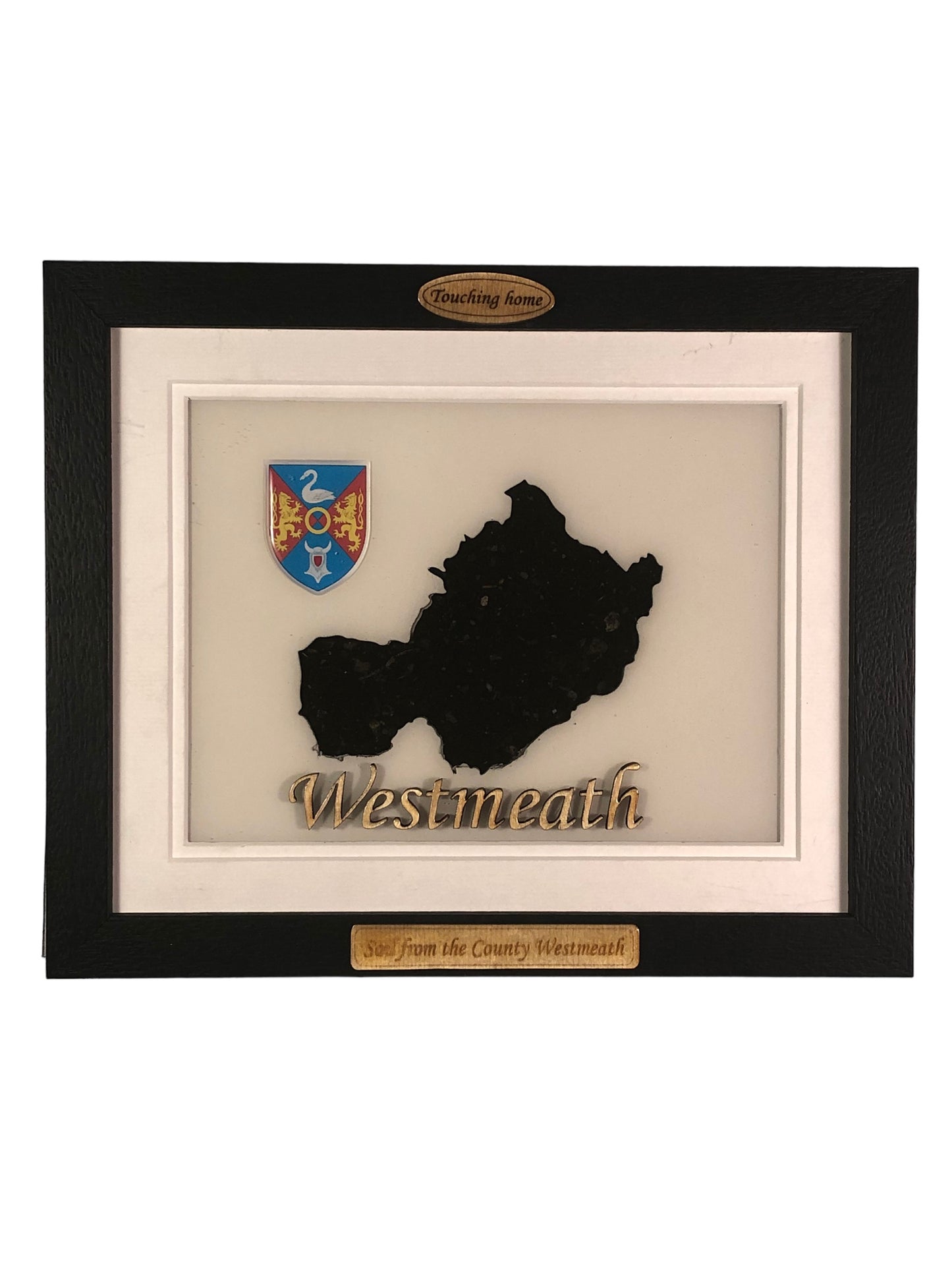 County Westmeath white wood style plaque with authentic Westmeath soil encased and displayed within