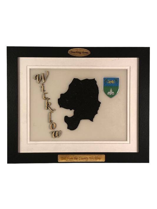 County Wicklow  white wood style plaque with authentic Wicklow soil encased and displayed within